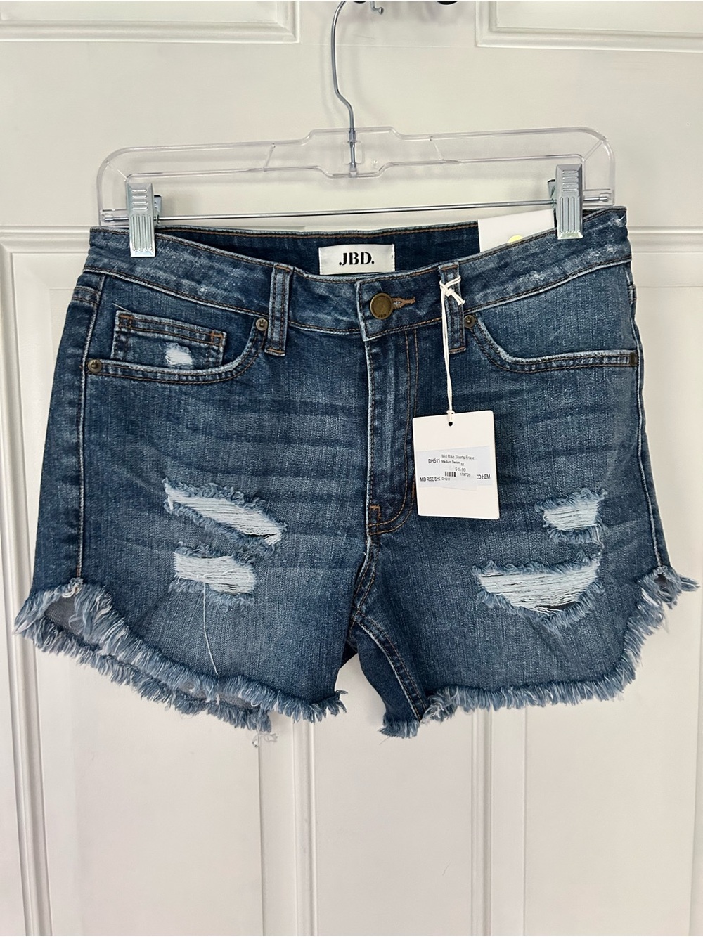 Blue Distressed Denim Jean Shorts with Frayed Hem